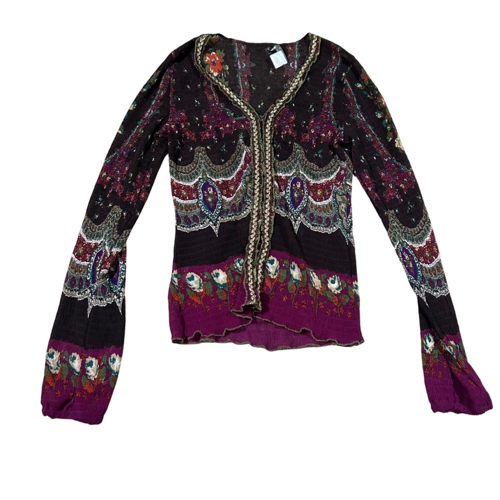 Women Small Sheer Boho Blouse Alberto Makali‎ Multicolor Embellished Fitted Top